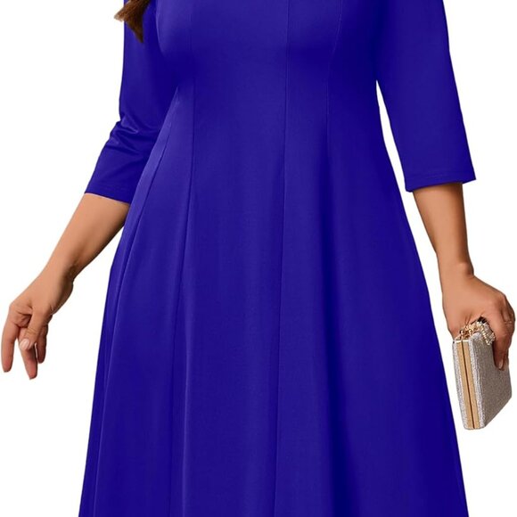 Plus Size V-Neck Midi Dress for Curvy Women Polyester-Blend Casual - Picture 1 of 6